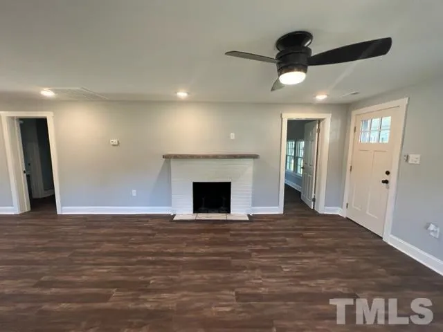 a view of a windows and a fireplace