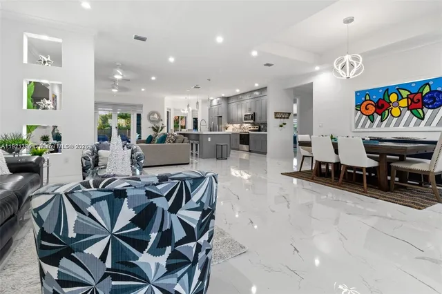 a view of a dining room with furniture