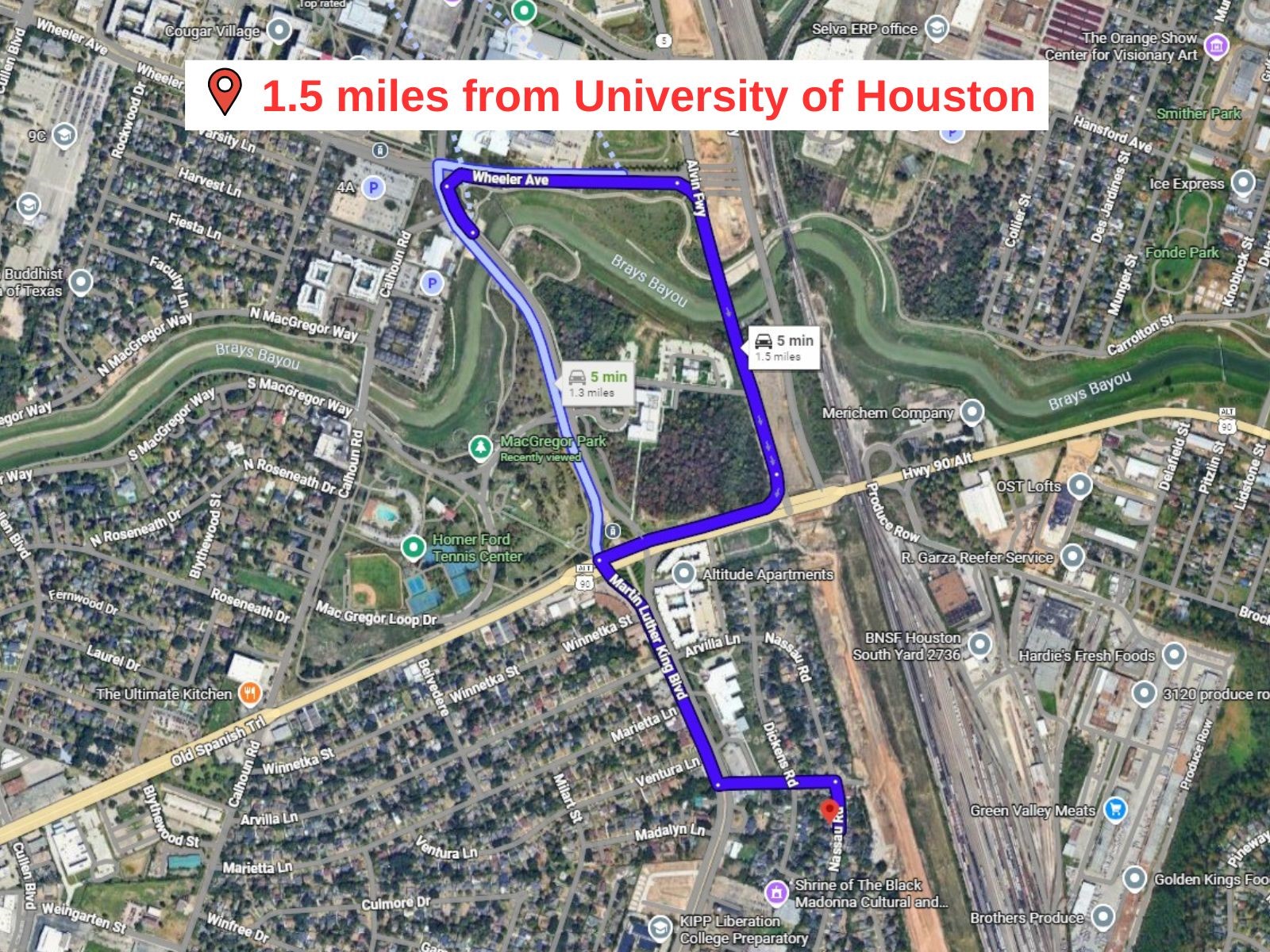 5118 Nassau Road Houston, TX 77021 - Photo 10 of 12 Map detail illustrating the 1.5-mile distance to the University of Houston.