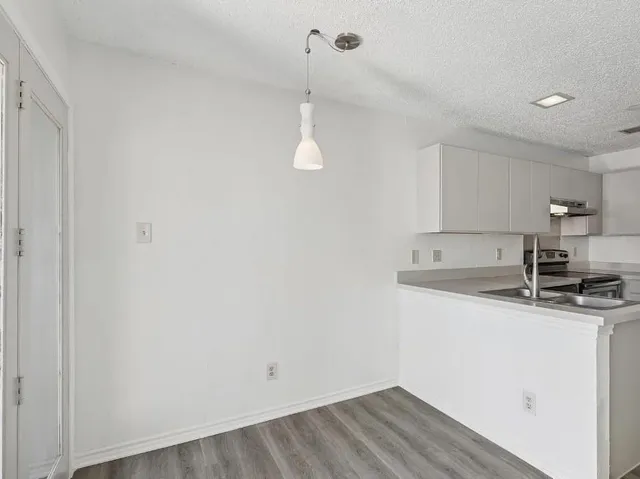 a kitchen with a sink cabinets and wooden floor