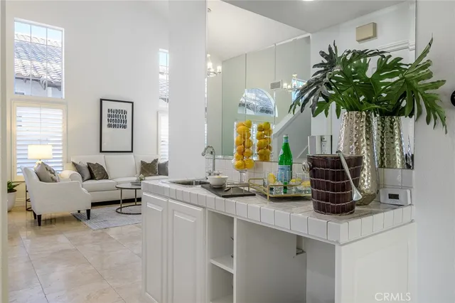 a living room with furniture and a potted plant