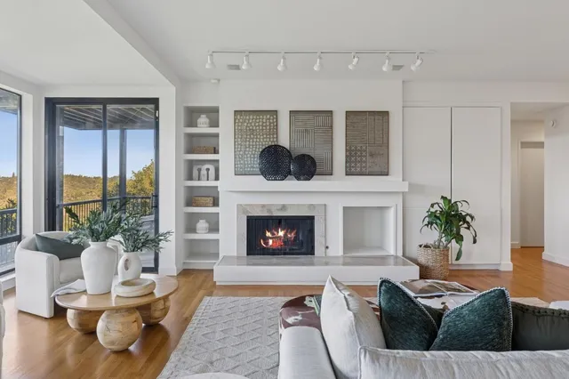 a balcony with wooden floor