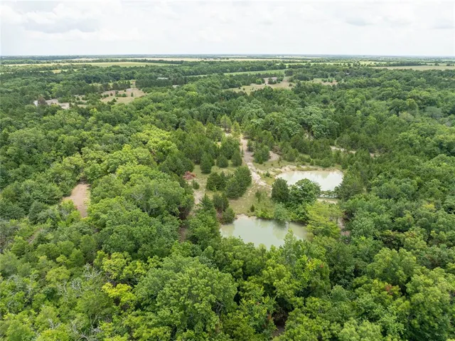 an aerial view of residential houses with outdoor space and trees