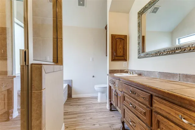 a bathroom with a granite countertop sink toilet and mirror