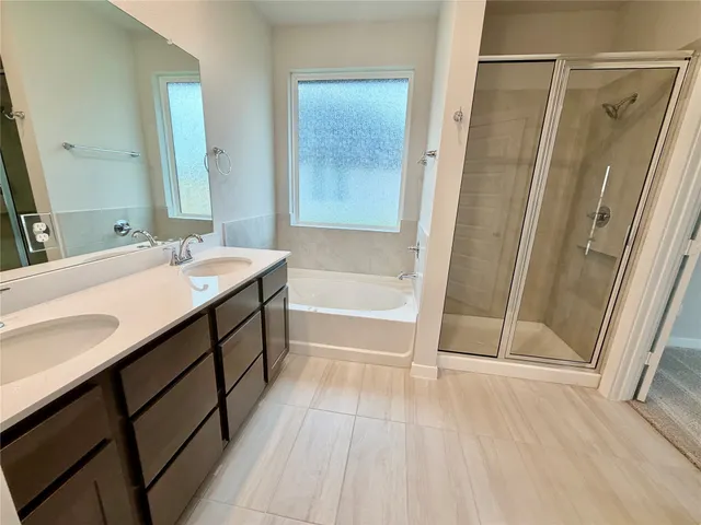 a bathroom with a double vanity sink a mirror and a bathtub