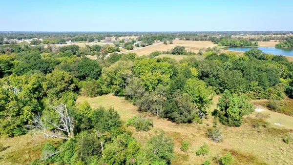 an aerial view of residential houses with outdoor space and trees