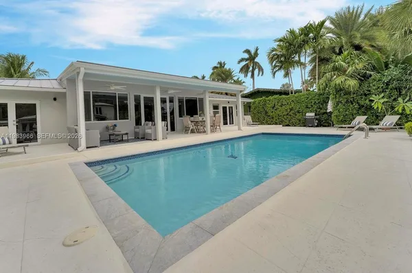 a view of a house with swimming pool and a yard