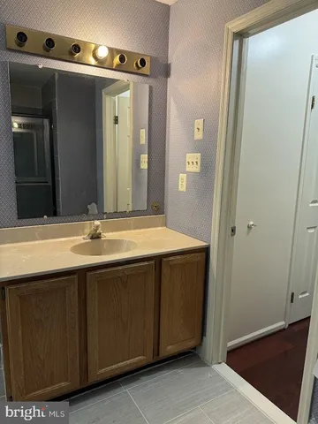 a bathroom with a sink and a mirror