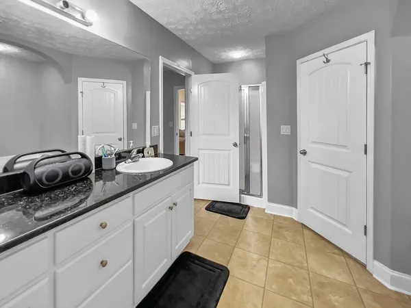 a bathroom with a double vanity sink a mirror and a shower