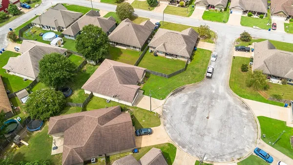 an aerial view of a swimming pool