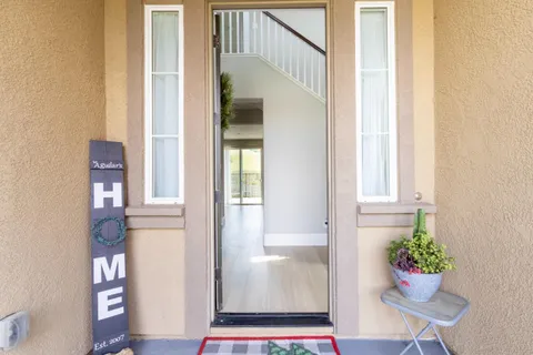 a view of an entryway with wooden floor and a potted plant