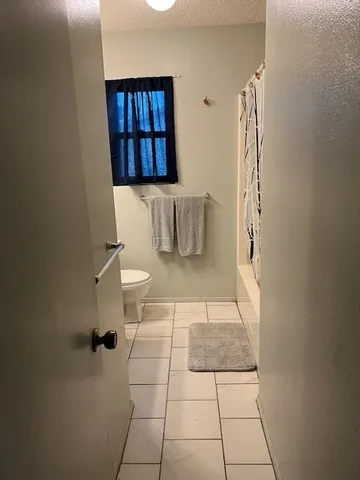 a bathroom with a toilet and a shower curtain