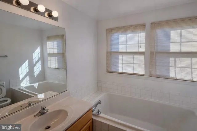 a bathroom with a tub sink and mirror