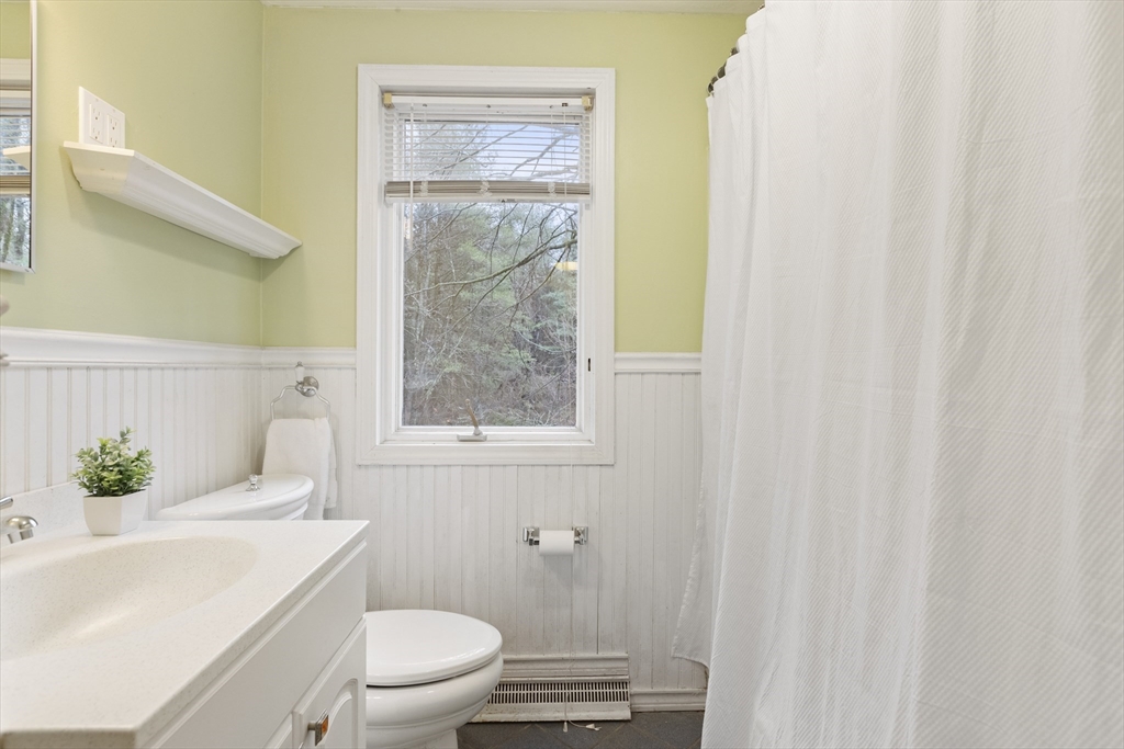 283 Orchard Street Millis, MA 02054 - Photo 17 of 41 a bathroom with a sink a toilet and shower curtain