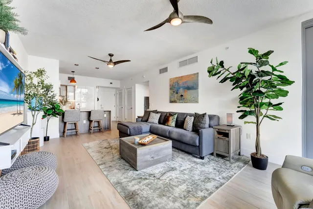 a living room with furniture plant and a window