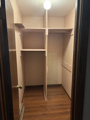 a view of walk in closet with empty racks