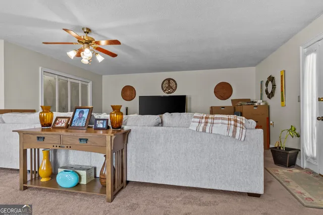 a living room with furniture and a potted plant