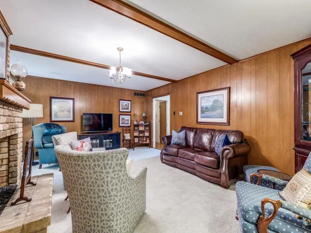 a living room with fireplace furniture and a flat screen tv