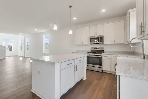 a kitchen with stainless steel appliances granite countertop a stove a sink and a refrigerator