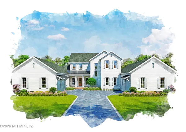 a view of a white house with a big yard and potted plants