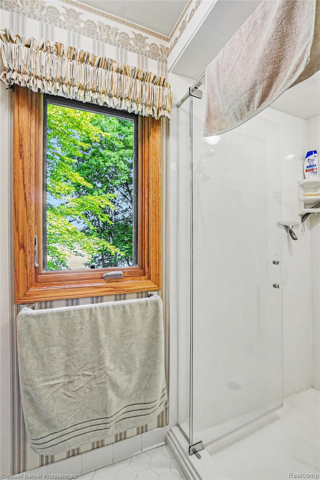 3583 Mitchell Road Metamora, MI 48455 - Photo 35 of 58 Bathroom featuring a glass-enclosed shower, a wood-framed window, and white hexagonal floor tiles