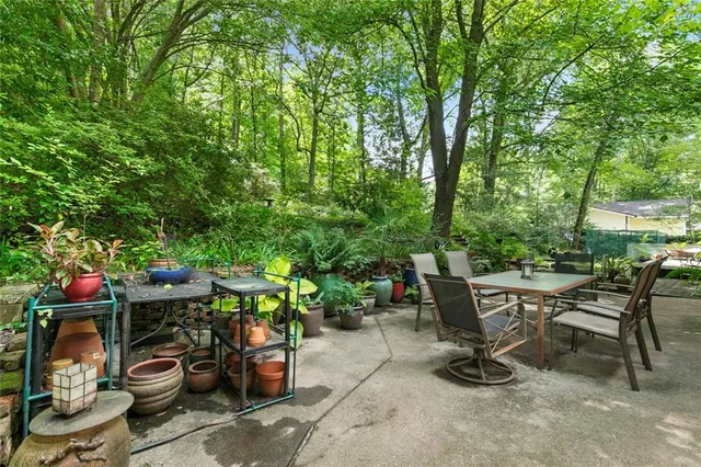a view of backyard with a table and chairs and potted plants