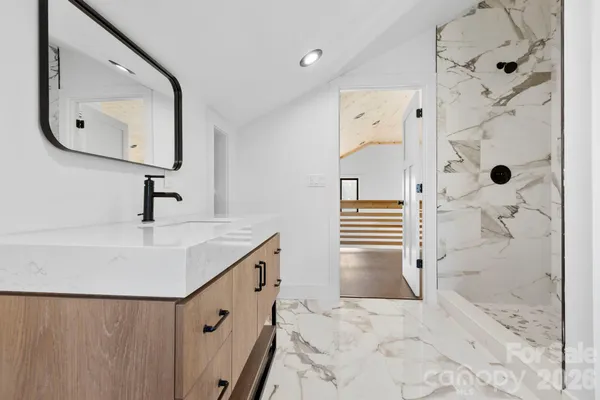 a bathroom with a sink a vanity and shower