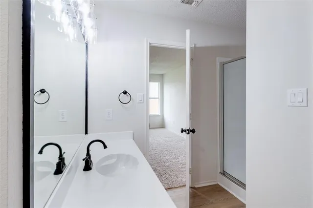 a bathroom with a shower sink and mirror