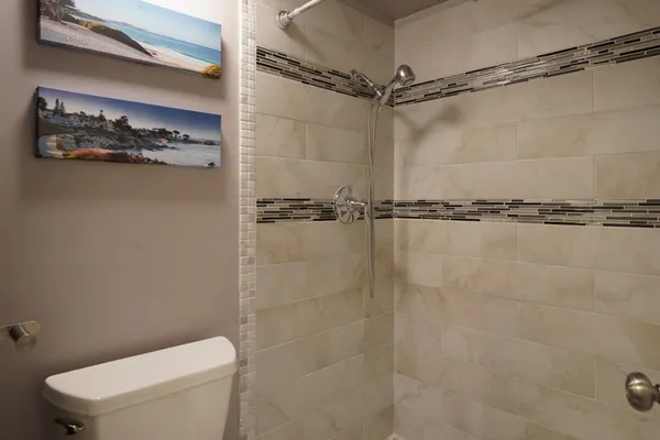 a bathroom with a toilet and a shower