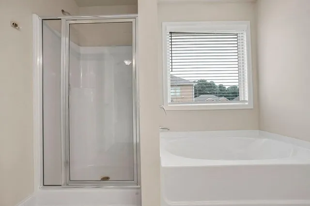 a bathroom with a bathtub and a shower