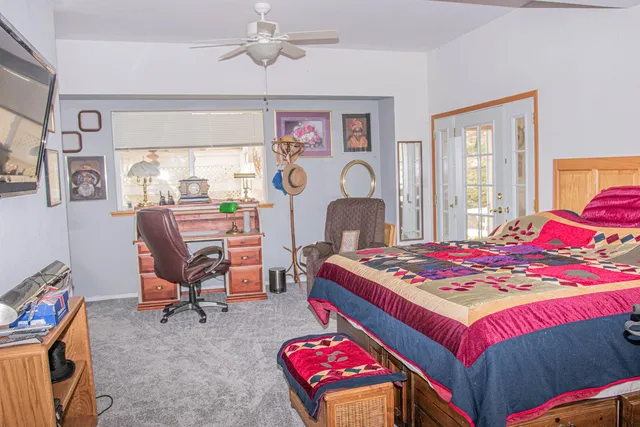 a bedroom with a bed a desk and chair with the walls