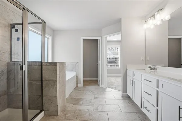 a bathroom with a double vanity sink a mirror and a shower