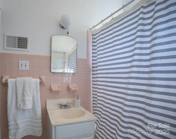 a bathroom with a sink a mirror and a shower