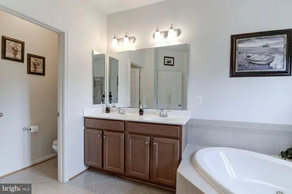 a bathroom with a tub sink and mirror
