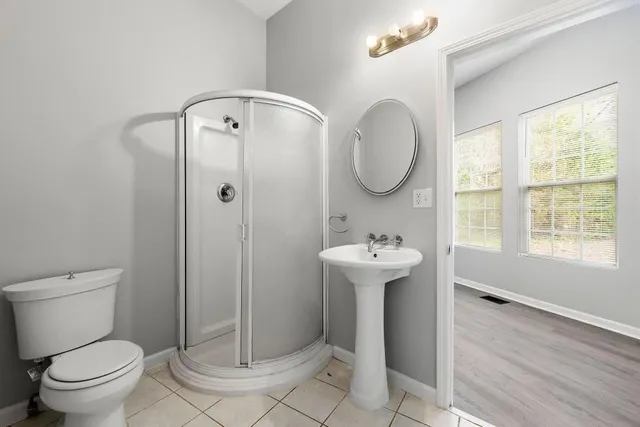 a bathroom with a sink a toilet and a mirror