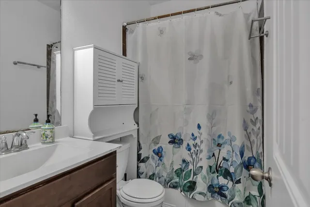 a bathroom with a sink a toilet and shower curtain
