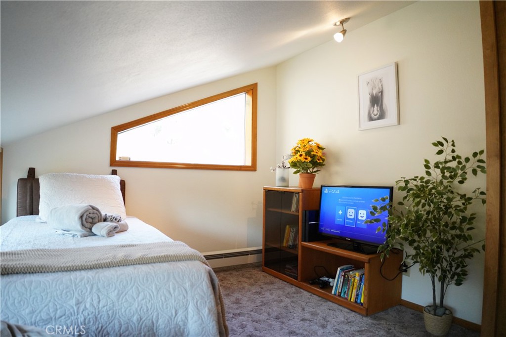 40659 Indian Springs Road Oakhurst, CA 93644 - Photo 15 of 28 a bedroom with a bed a flat screen tv and a potted plant