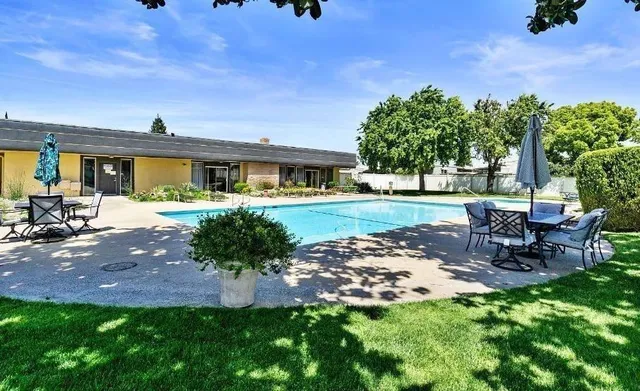 a view of a backyard with table and chairs potted plants and a large tree