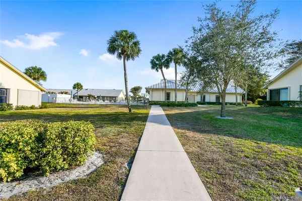a view of a garden with palm trees