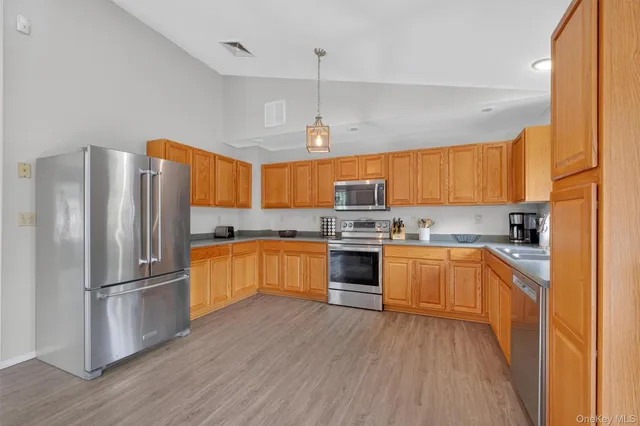 a kitchen with stainless steel appliances granite countertop a refrigerator a stove top oven a sink dishwasher and a refrigerator with wooden floor