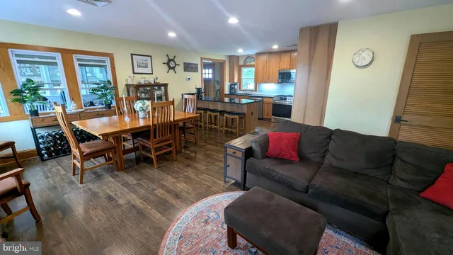 a view of a dining room with furniture