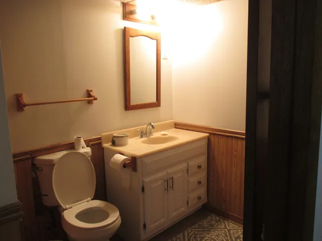 a bathroom with a toilet sink and mirror