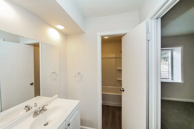 a bathroom with a sink and a mirror
