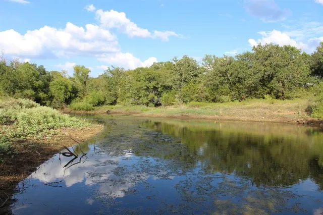 a view of a lake with a yard