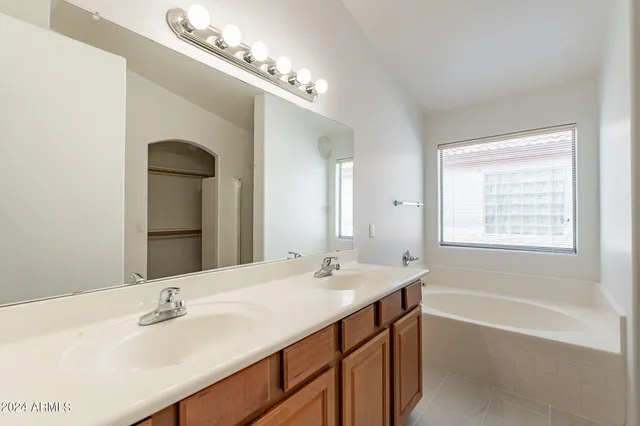 a bathroom with a sink double vanity granite tub and a mirror