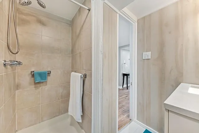 a bathroom with a shower