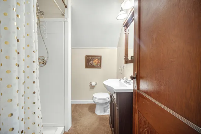 a bathroom with a sink a toilet and shower curtain