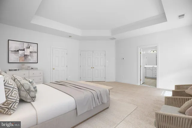 a bedroom with a bed and a couch