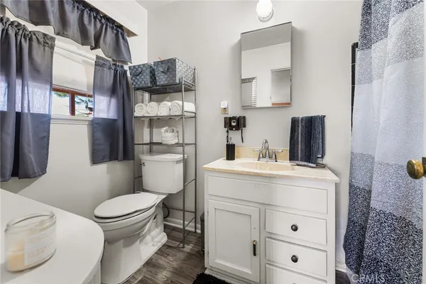 a bathroom with a sink toilet vanity and mirror