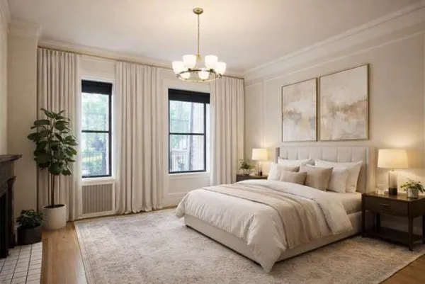 a bedroom with a large bed and a chandelier